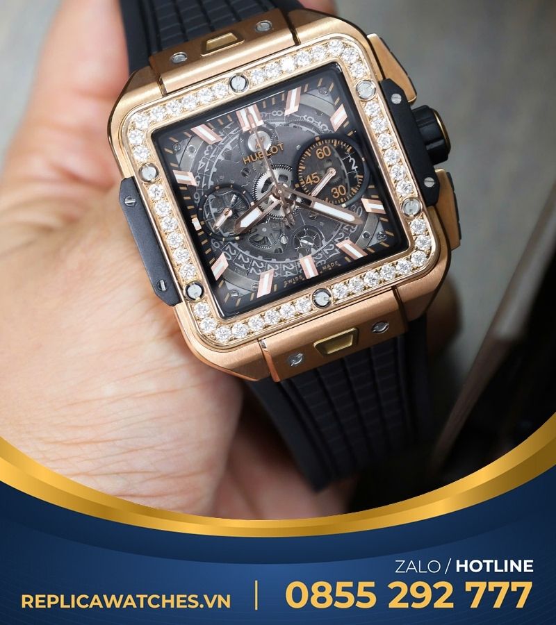 Đồng hồ HUBLOT SQUARE BANG UNICO KING GOLD độ viền moissanite