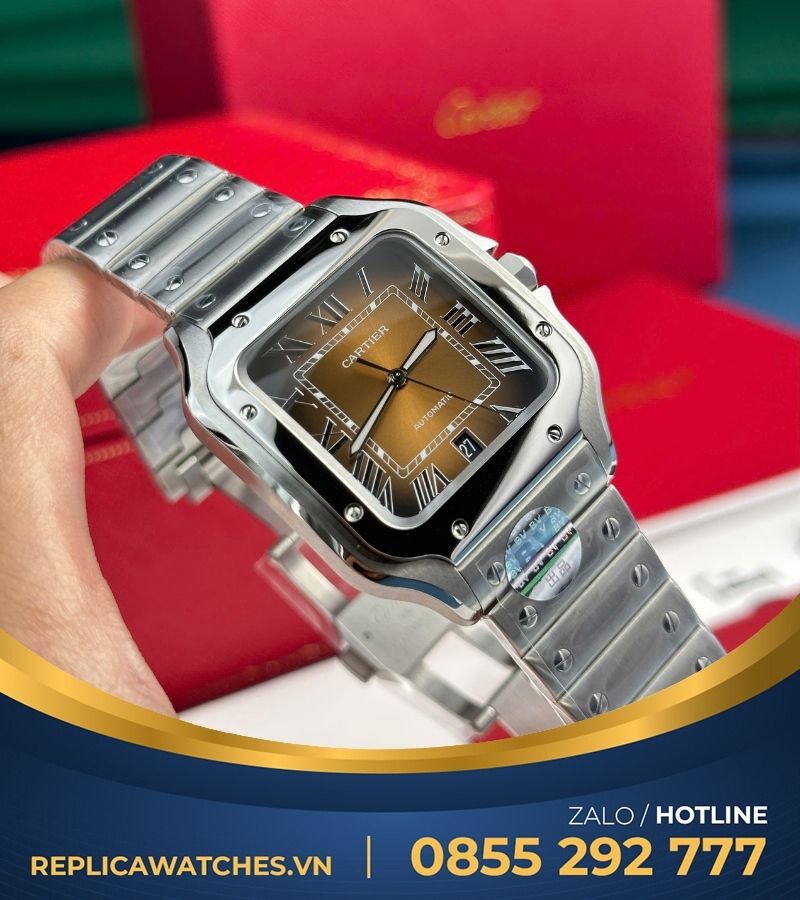 Đồng hồ Cartier Santos de Cartier new 2024 mặt số nâu chải tia sunray