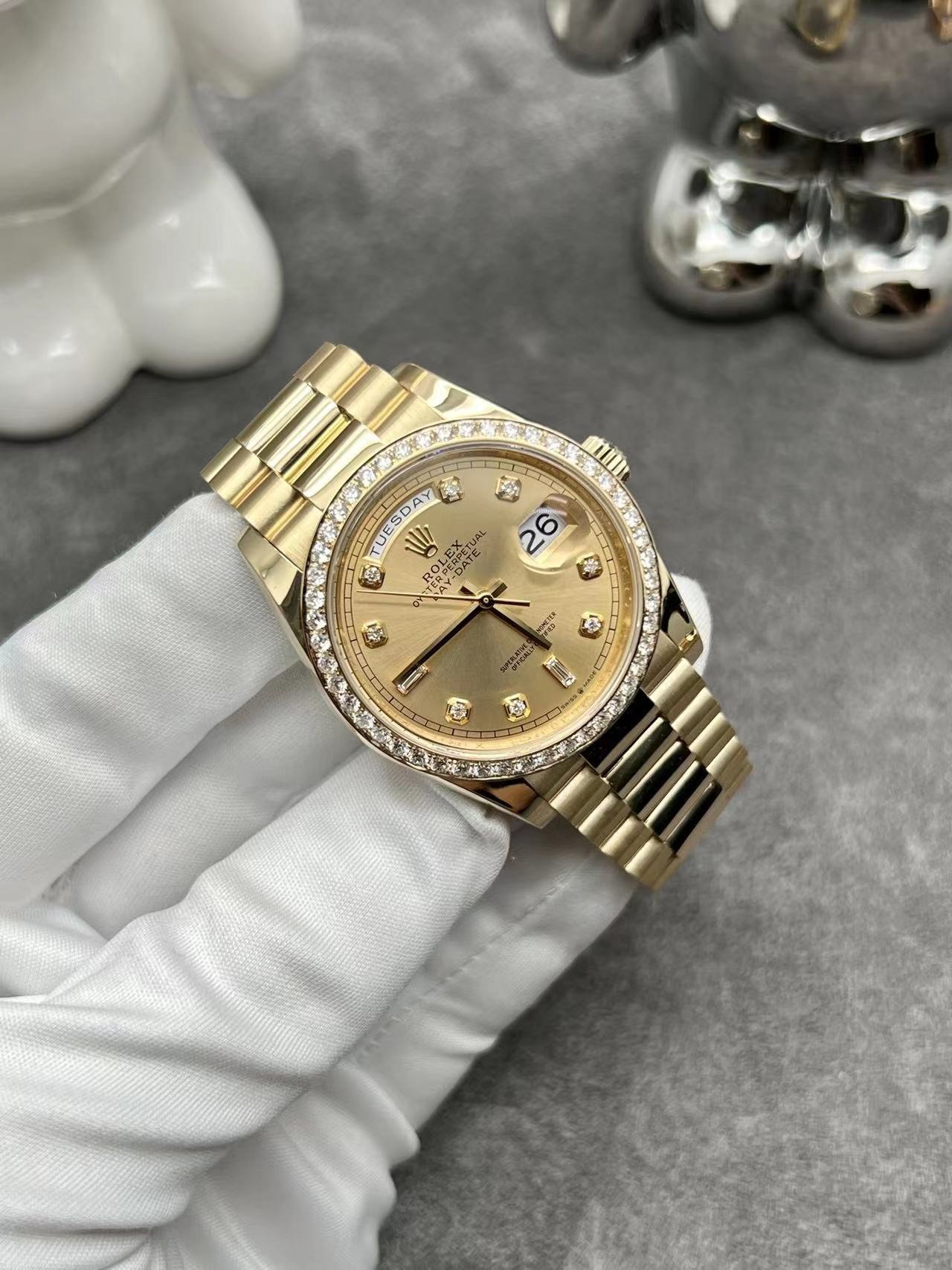 Rolex Day-Date 36mm 128348RBR Mặt Số Vàng Champagne Chế Tác Vàng Khối 18k, Kim Cương Thiên Nhiên Rep 1:1