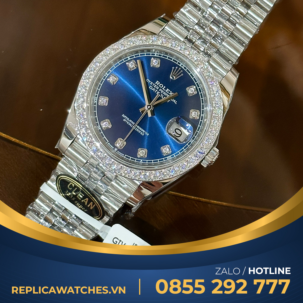Rolex datejust clean độ kim cương moiss 2.5ly blue dial