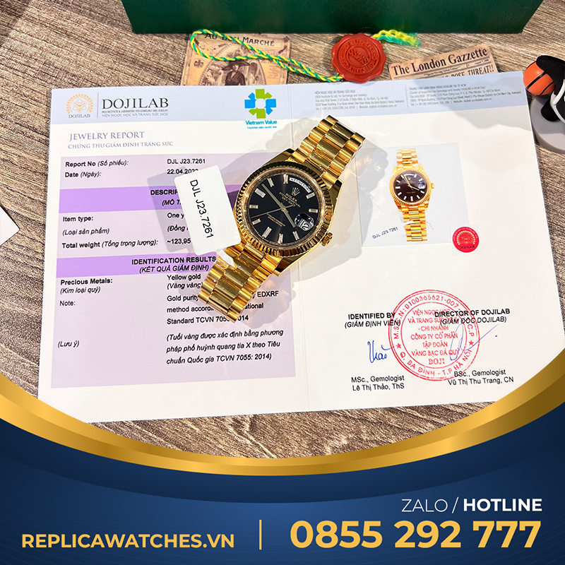 Rolex daydate bọc vàng cọc số baguette yellow gold