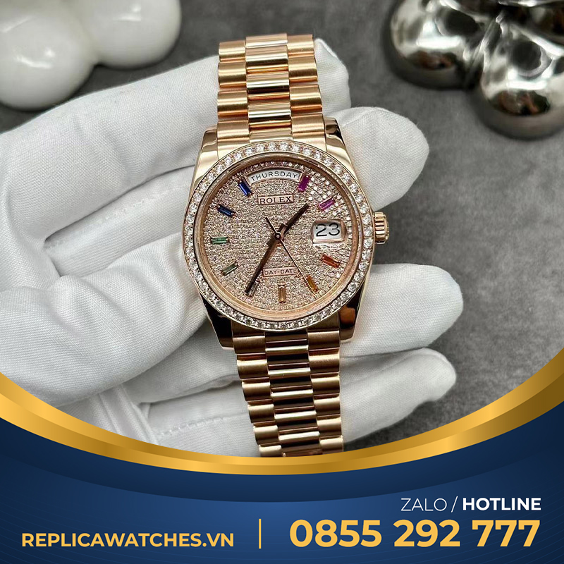 Rolex daydate 36mm rose gold 128345rbr chế tác kim cương thiên nhiên