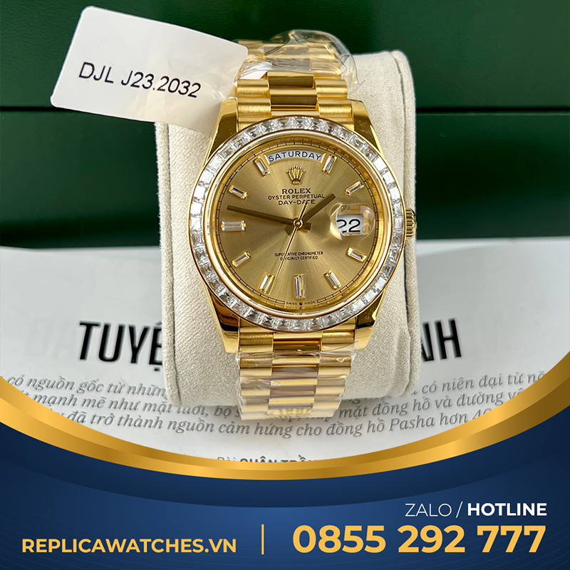 Rolex daydate bọc vàng 18k benzel kim cương moissanite