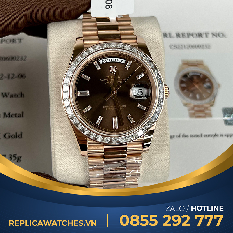 Rolex daydate 228235 chocolate 40mm bọc vàng kim cương moissanite