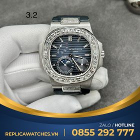 Đồng hồ Patek philippe nautilus 5724g-001 chế tác vàng trắng 18k kim cương thiên nhiên baguette