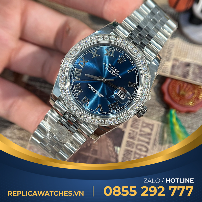 Rolex datejust mặt xanh blue độ kim cương moissanite 2,5ly