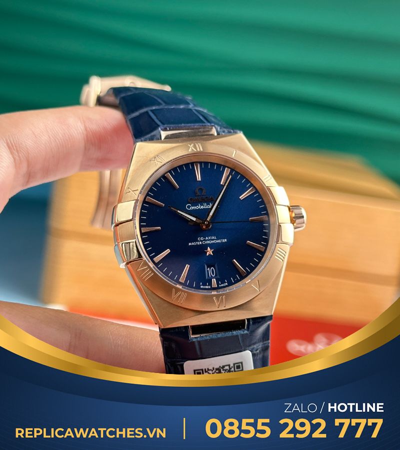 Đồng hồ Omega Constellation vàng hồng mặt xanh blue