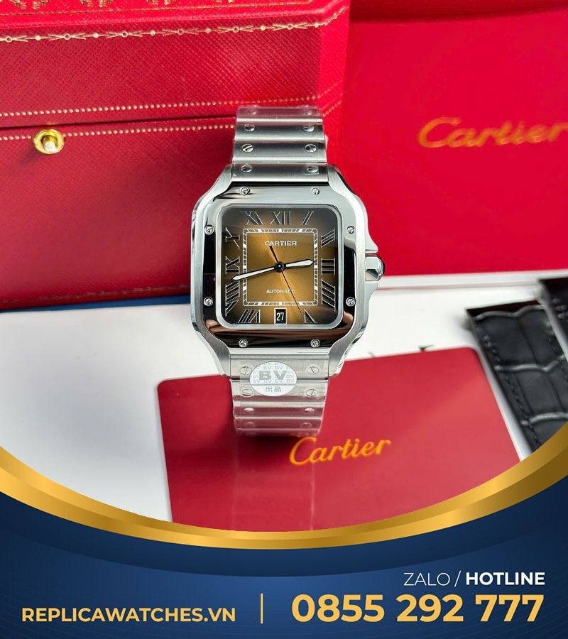 Đồng hồ Cartier Santos de Cartier new 2024 mặt số nâu chải tia sunray