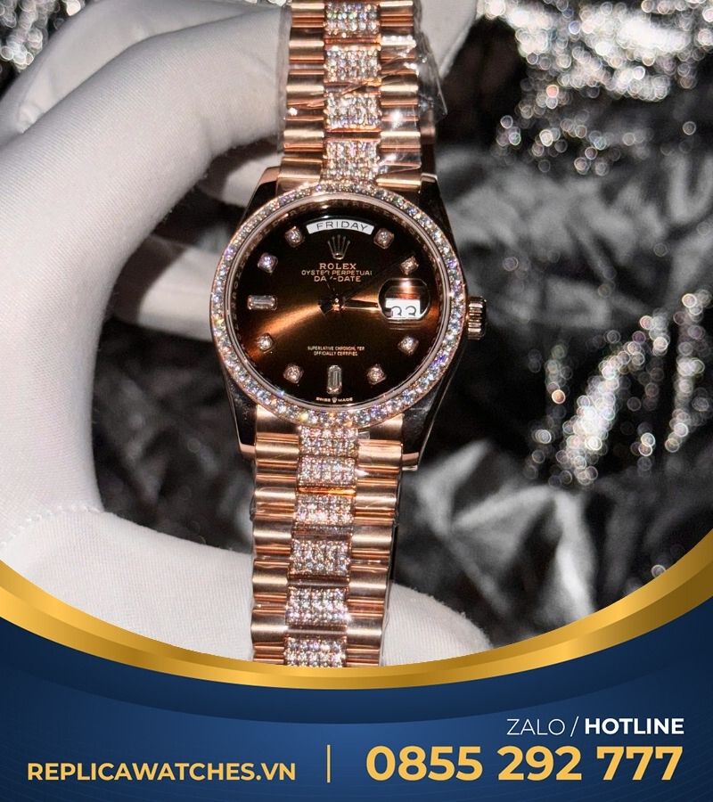 Đồng hồ Rolex Day-date 36 chocolate bọc vàng độ moissanite